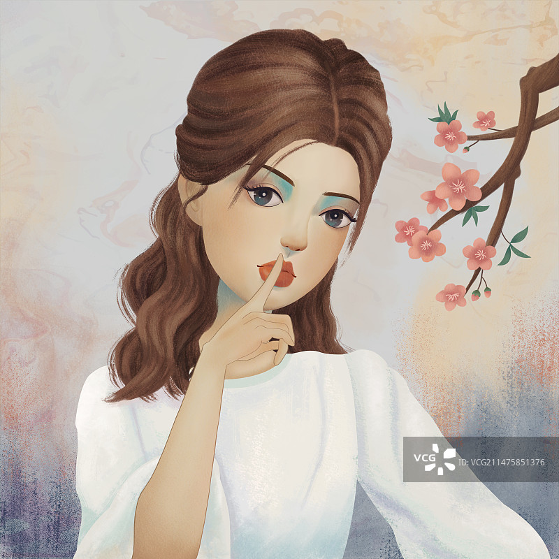 一个身穿白衣的少女手比不要说话的手势图片素材