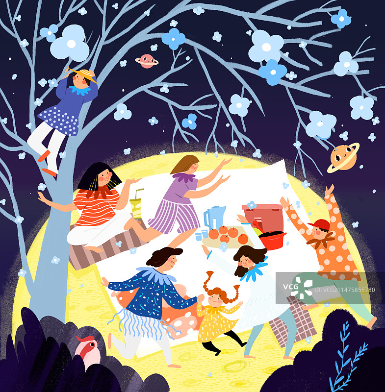 夜色月亮梅花野餐快乐的朋友图片素材