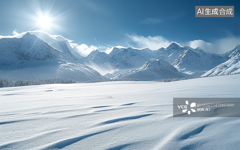 【AI数字艺术】晴朗的天空下雪山雪地场景背景图片素材