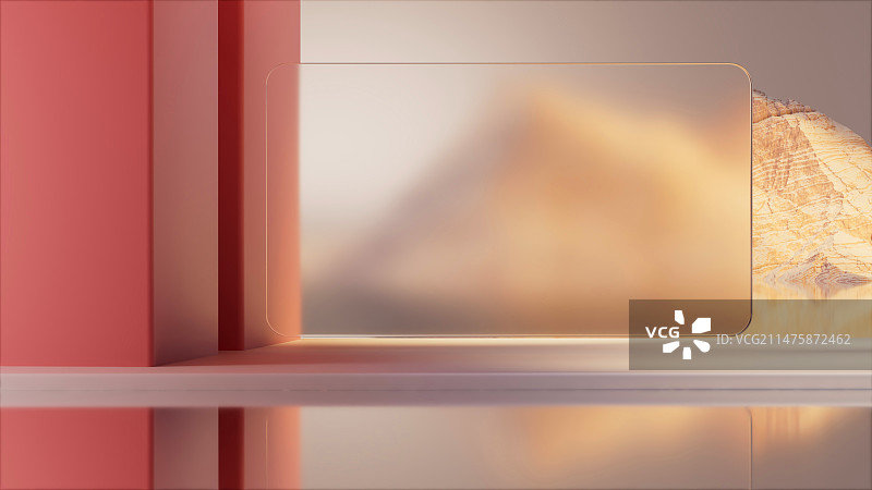 3D渲染空间场景中的悬浮亚克力背景板图片素材