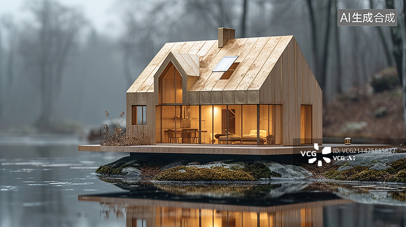 【AI数字艺术】森林里的金黄色小木屋图片素材