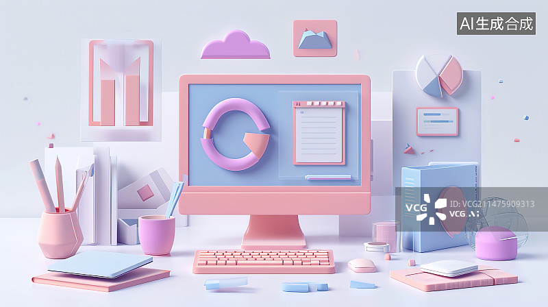 【AI数字艺术】办公室办公桌上的笔记本电脑和文件的特写镜头图片素材