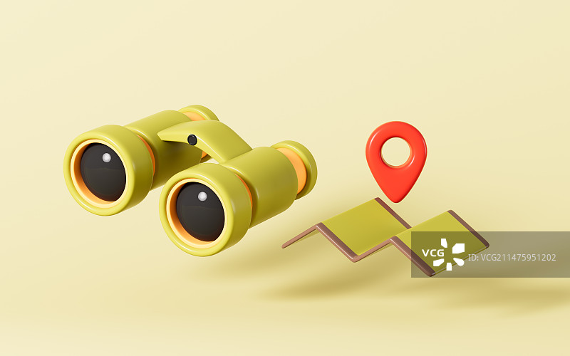 卡通望远镜和地图3D渲染图片素材