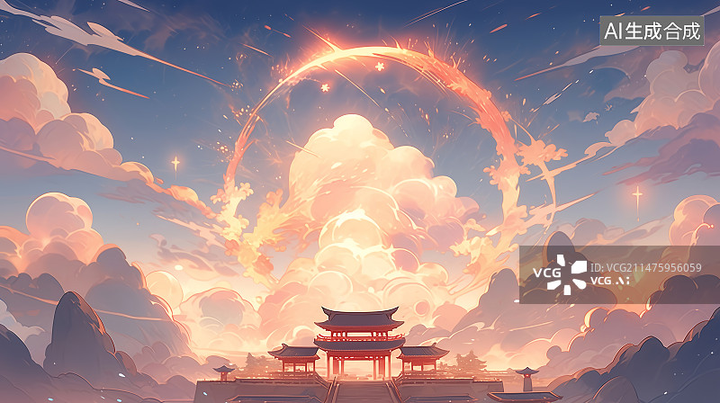 【AI数字艺术】中国古代建筑自然风景插画图片素材