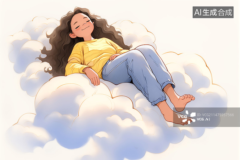 【AI数字艺术】一位年青女生躺在白云上，年青人躺平图片素材