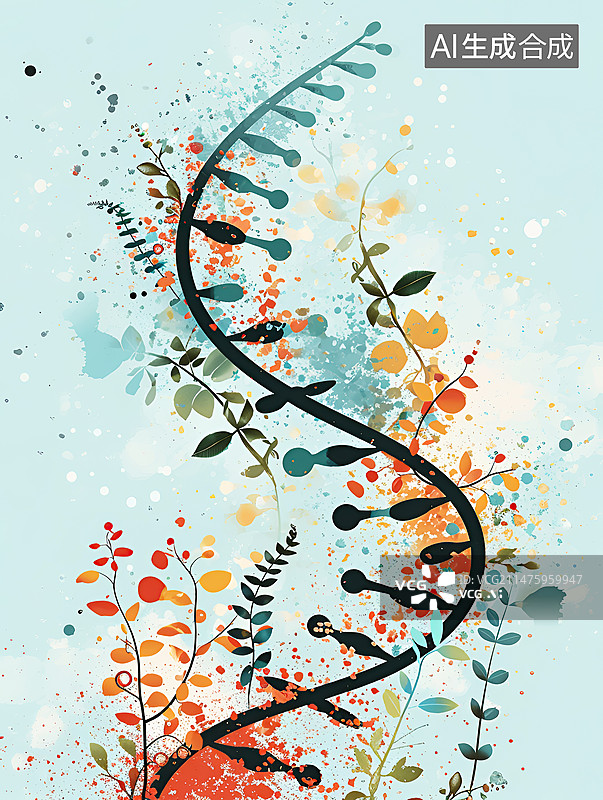 【AI数字艺术】水彩风格创意微生物细胞DNA螺旋基因遗传插画背景配图图片素材