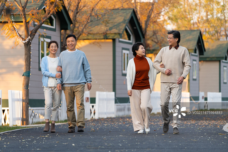 中老年夫妻手挽手夕阳下散步图片素材
