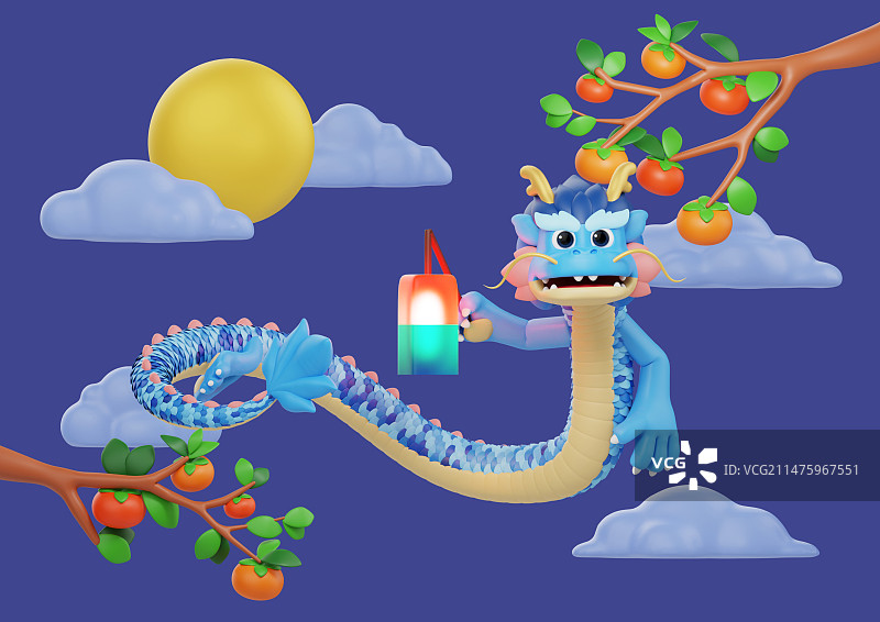 蓝龙与柿子树云月背景和蓝绿色灯笼图片素材