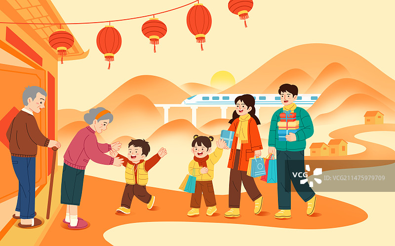 春节年俗插画春运回家过年一家人图片素材