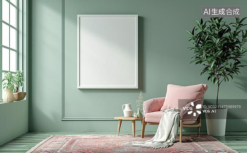 【AI数字艺术】墙壁和地板上的空白木制相框，空白相册模板插图图片素材