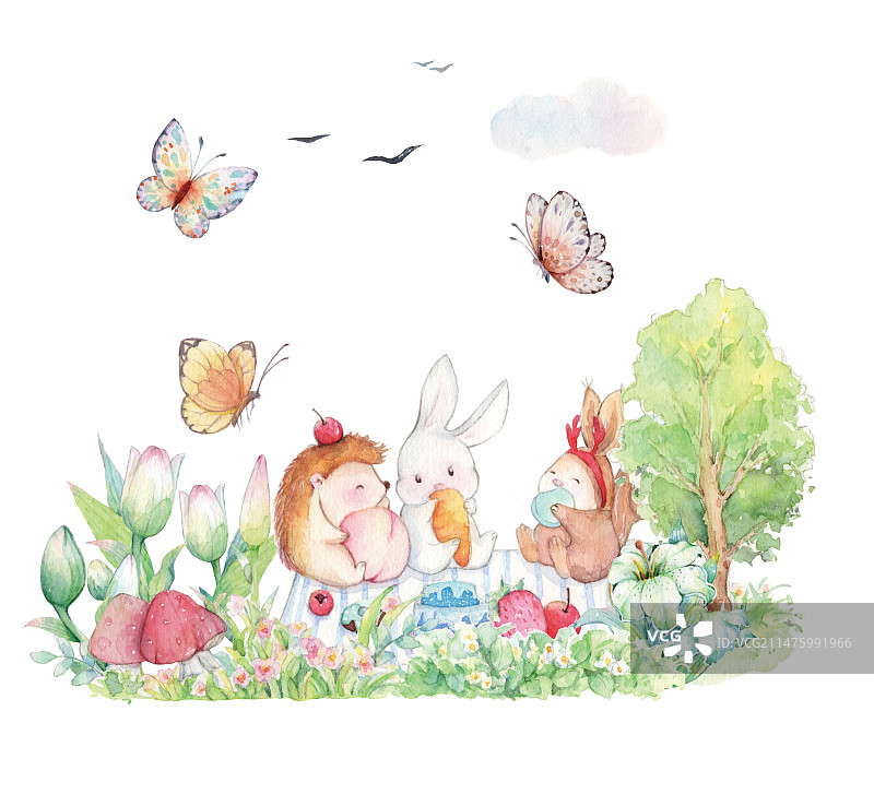 水彩手绘童话故事卡通动物王国小动物野外草地春游聚餐儿童童趣插画图片素材