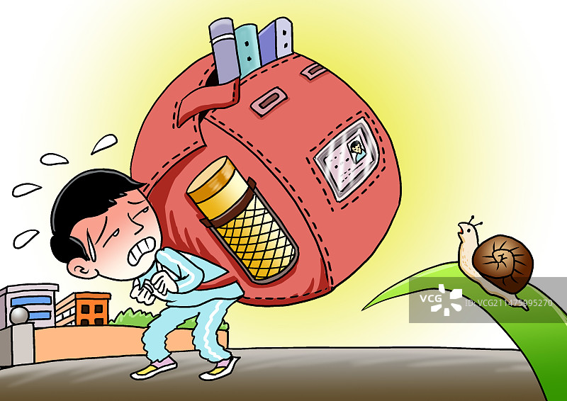 小学生书包沉重课业负担不堪重负，示意插图，警示作用图片素材