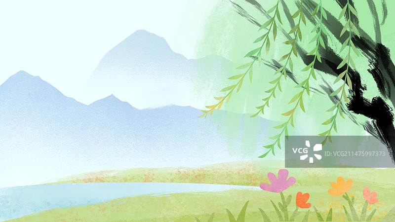 春天户外风景手绘风格插画图片素材