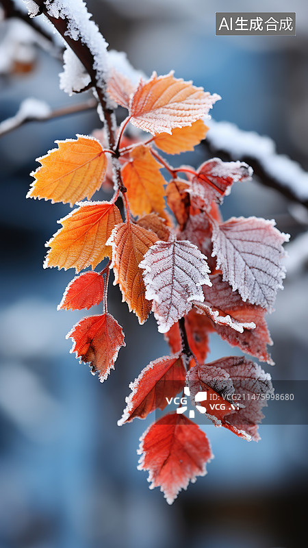 【AI数字艺术】秋天霜降路边树叶挂满冰霜图片素材