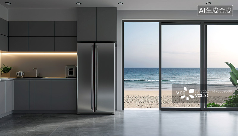 【AI数字艺术】灰色,极简,开放式厨房,图片素材