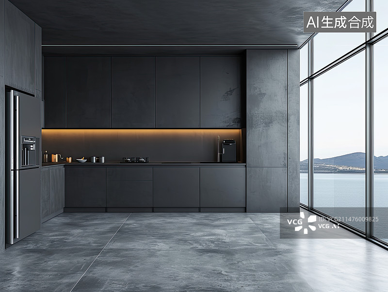 【AI数字艺术】黑色简约敞开式厨房双开门冰箱落地窗海边图片素材