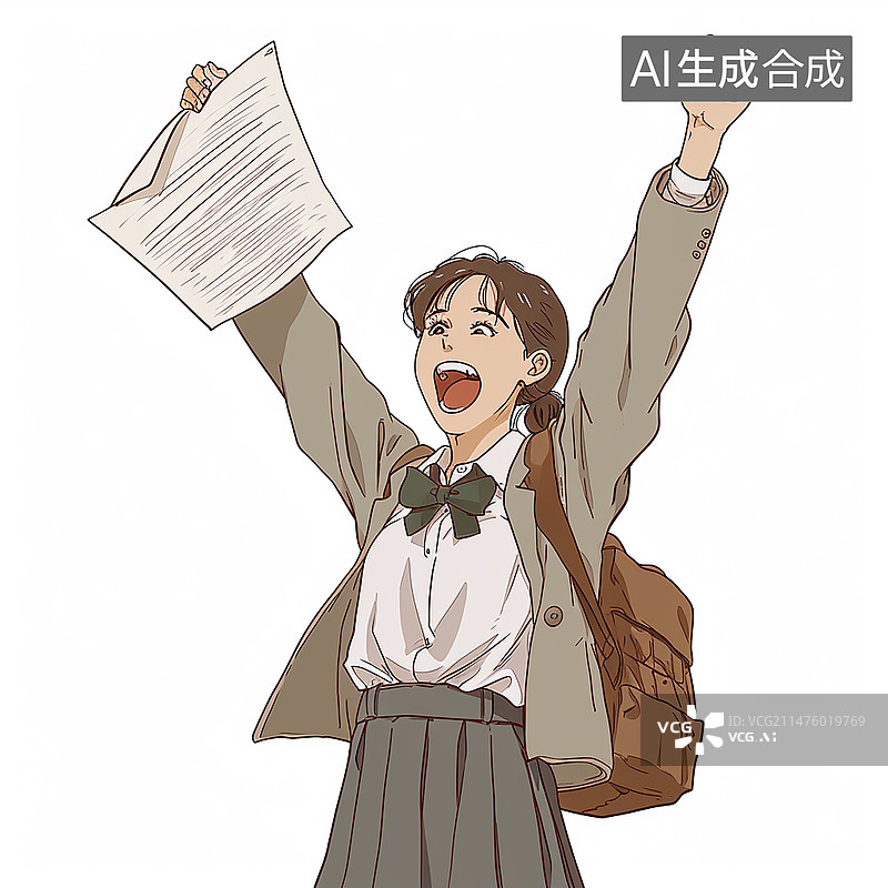 【AI数字艺术】女孩拿到优异成绩单欢在呼插画，白色背景图片素材