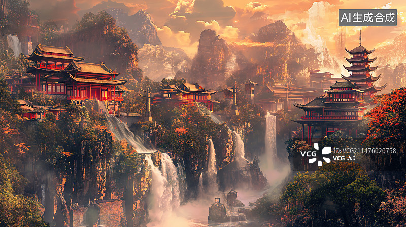 【AI数字艺术】夕阳下的寺庙图片素材