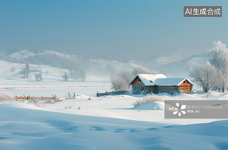 【AI数字艺术】雪地上的小木屋图片素材