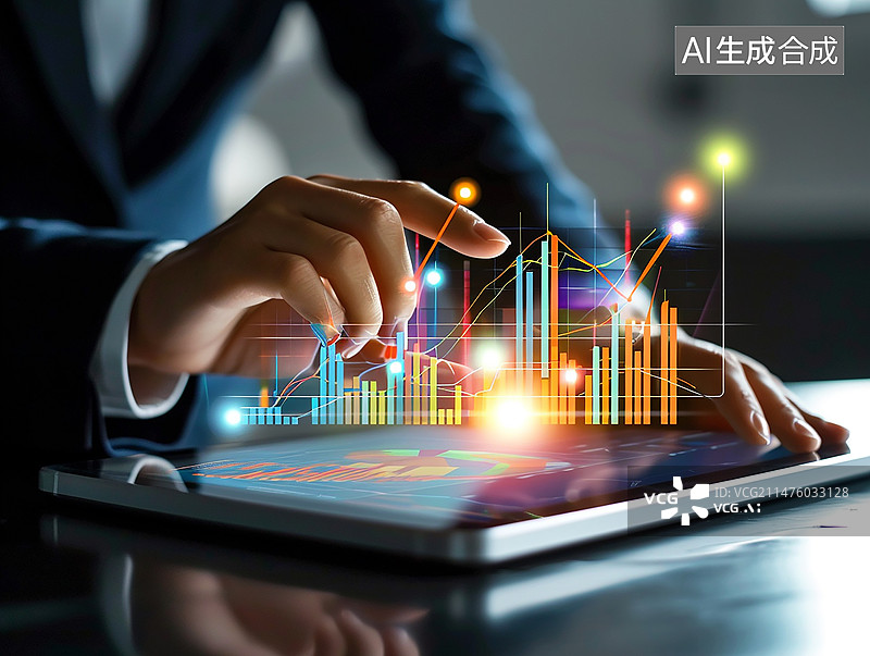 【AI数字艺术】一个男人的手在做业务分析和数据管理系统数据分析师创建具有数据流程工作流程的洞察力仪器图片素材