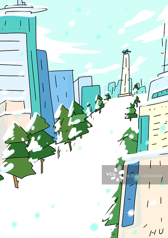 长春人民大街冬天东北冰雪旅游文旅风景漫画插图图片素材