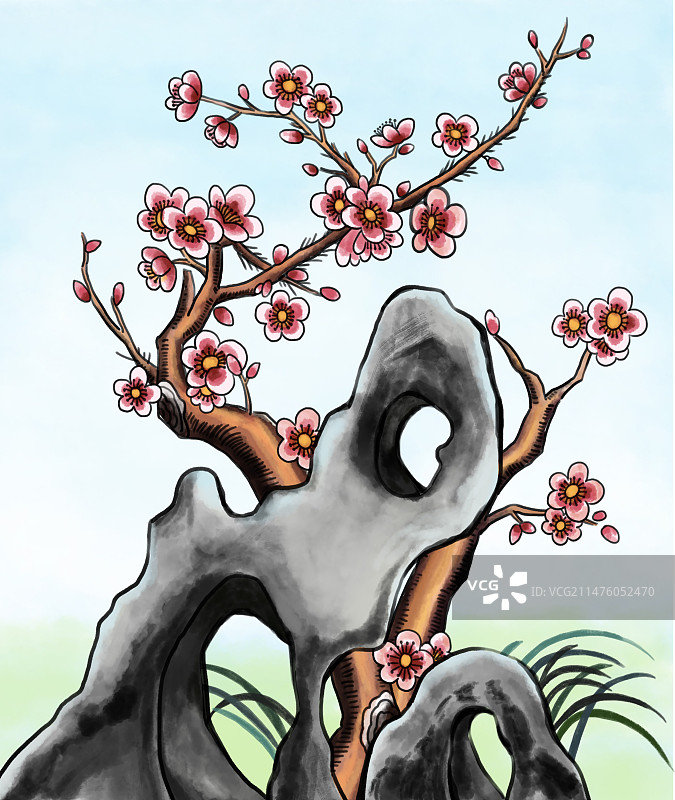 插画水彩年画风山石景观与梅花树图片素材
