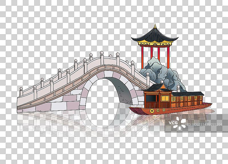 插画原画国潮风白色石桥江南亭子与船免扣素材图片素材