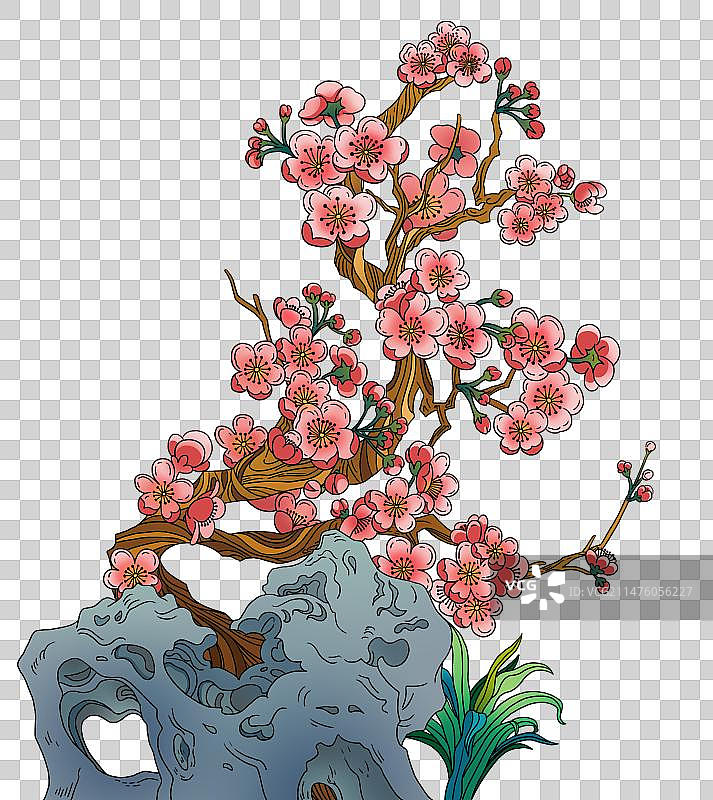 插画原画国潮风梅花树和石头草免抠素材图片素材