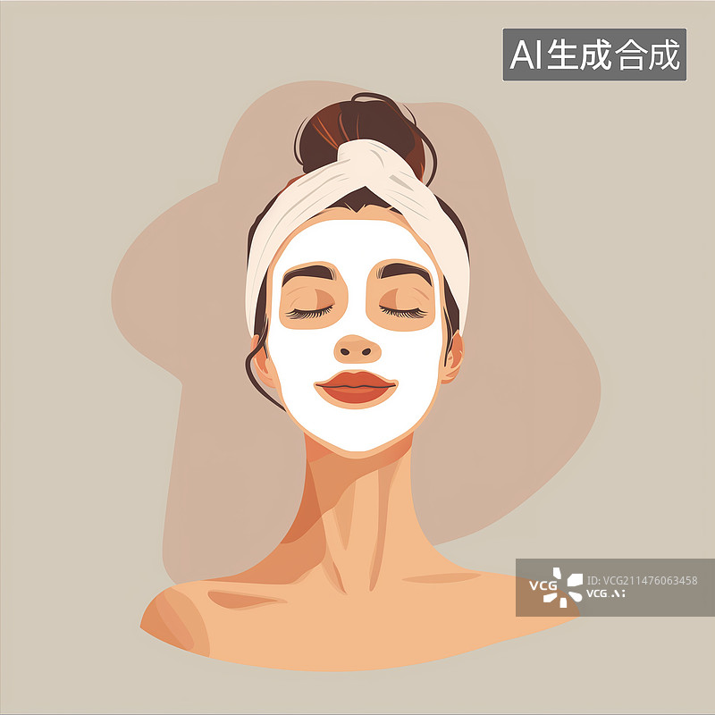 【AI数字艺术】插图，插画，海报，模板，元素，美女，健康，美丽，护肤，面膜，敷面膜，平面，扁平风，漫画，抽象，商业，图片素材