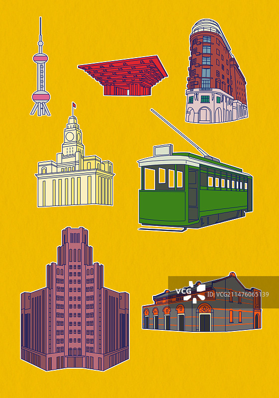 北上广深直辖市现代化科技发达文化都市城市上海创意购物天堂不干胶贴纸徽章插画图片素材