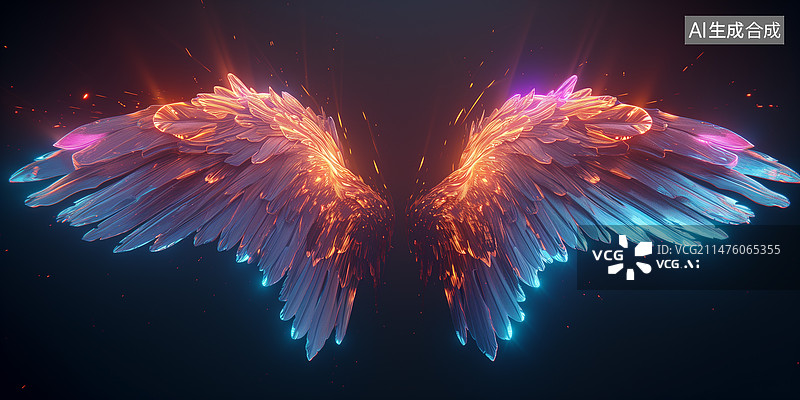 【AI数字艺术】插图，插画，海报，模板，元素，动物，深化，翅膀，霓虹，彩色，大鹏，天使，立体，美，光，神秘，特效游戏图片素材