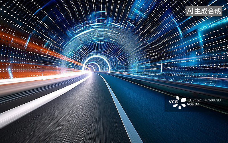 【AI数字艺术】新能源科技隧道公路路面背景图片素材