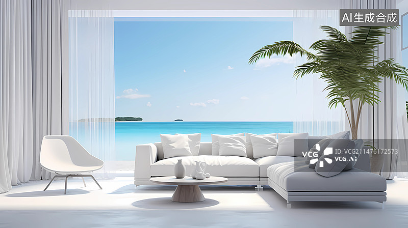 【AI数字艺术】白色极简风格，开放式宽敞豪华的面朝大海的客厅图片素材