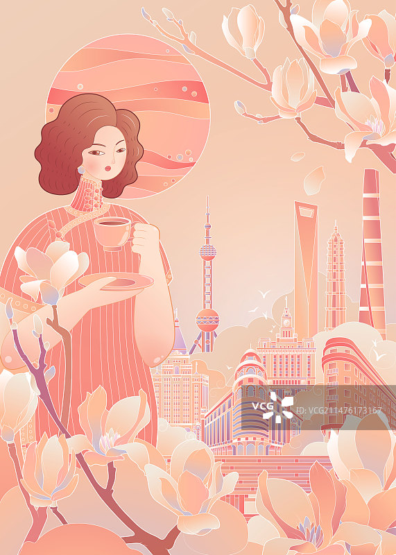 渐变风上海地标建筑插画喝咖啡的女人图片素材