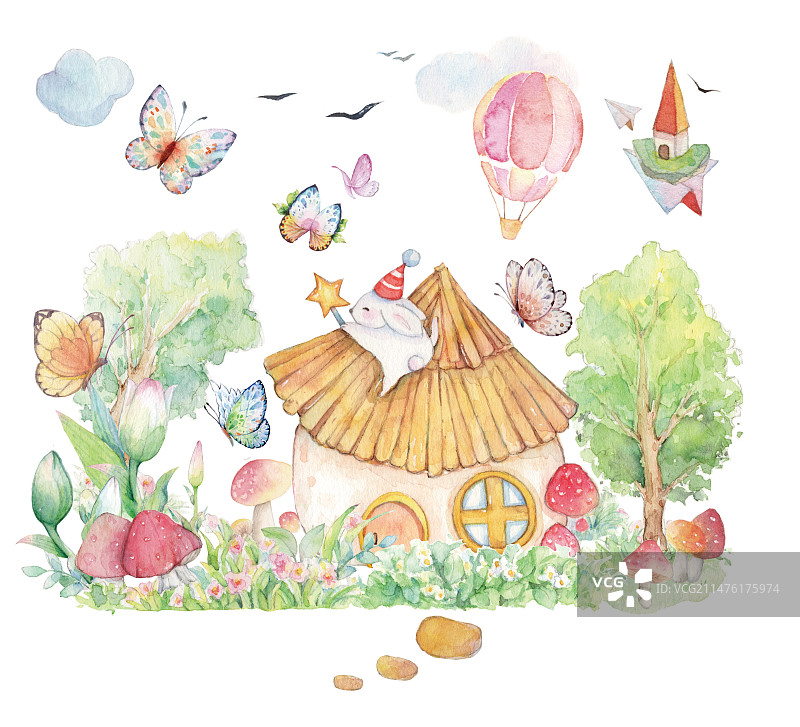 水彩手绘清新卡通童话故事森林世界摘星星小兔子的温馨可爱小草房小房子儿童节六一插画图片素材