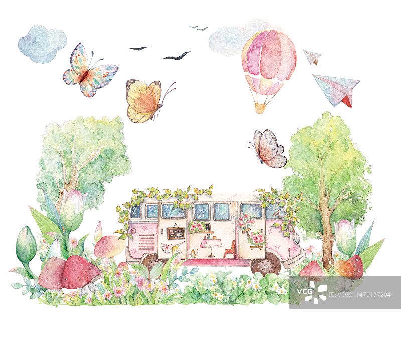 水彩手绘卡通童话故事户外氧吧大自然可爱的儿童节春天森林里复古老爷改造餐厅酒店车旅馆园艺设计花展出插画图片素材