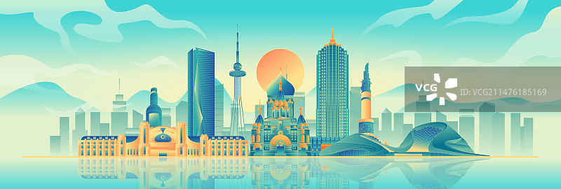 国风哈尔滨城市地标建筑彩色矢量插画海报图片素材