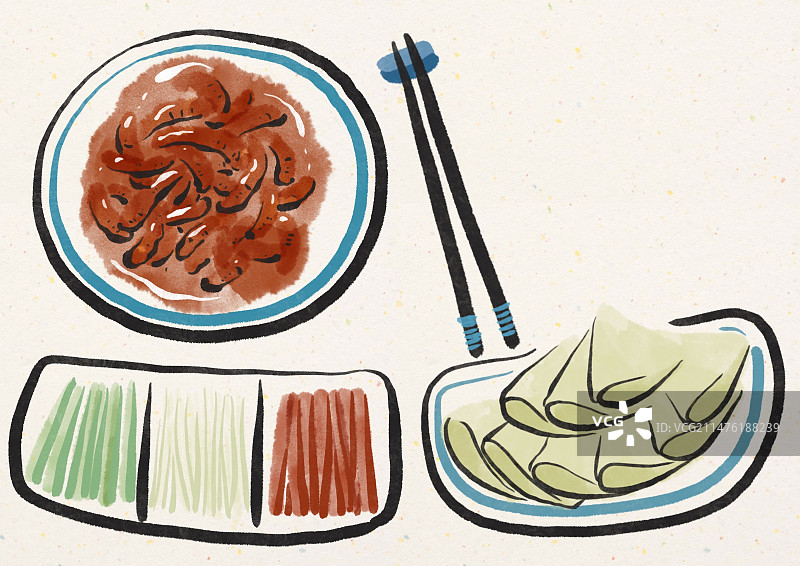 水墨风北京美食插画-京酱肉丝图片素材