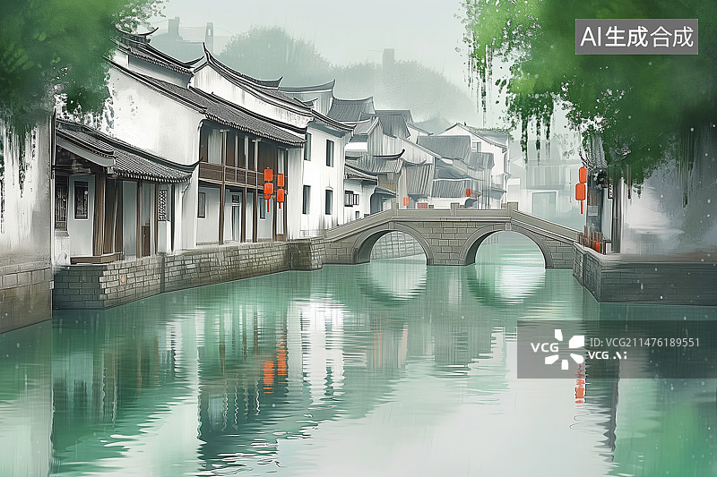 【AI数字艺术】江南水乡烟雨朦胧图片素材