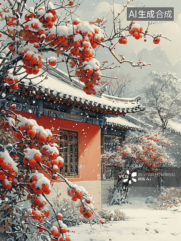 【AI数字艺术】柿子树与古建筑在下雪天的插画图片素材