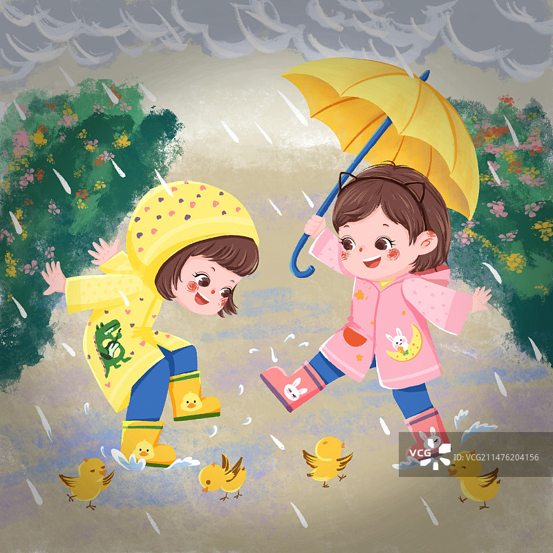 雨中两个女孩举伞欢快玩耍儿童插画图片素材