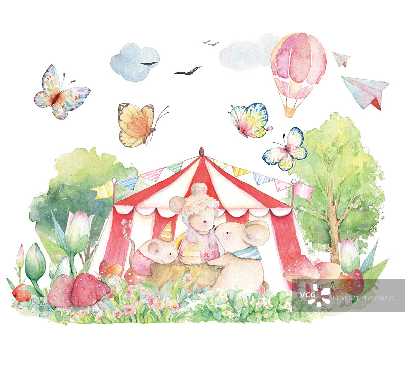 水彩手绘卡通童话故事森林小动物快乐的老鼠一家在花园公园里快乐的过生日插画图片素材