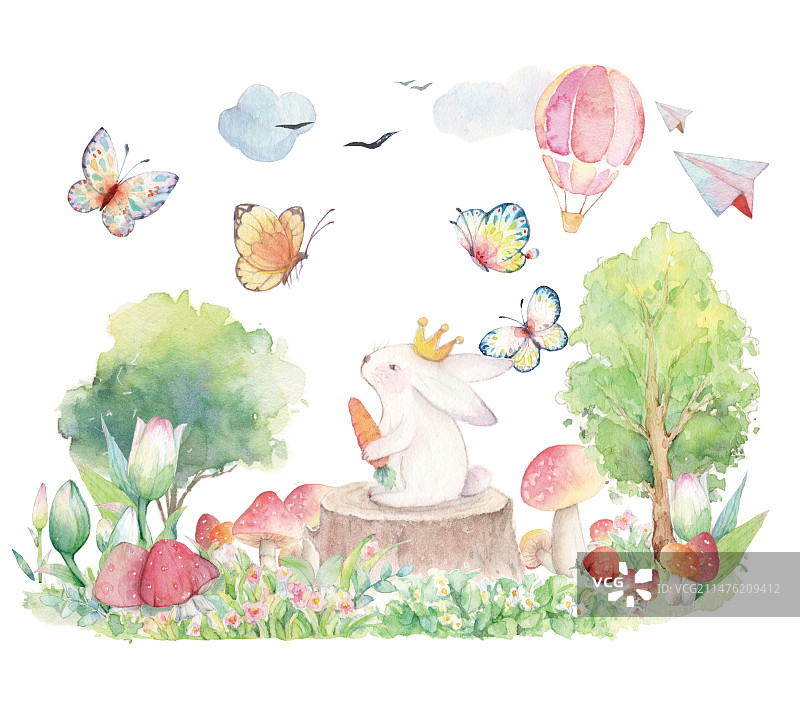 水彩手绘童话故事森林中一只小白兔在树桩上站着儿童故事插画图片素材