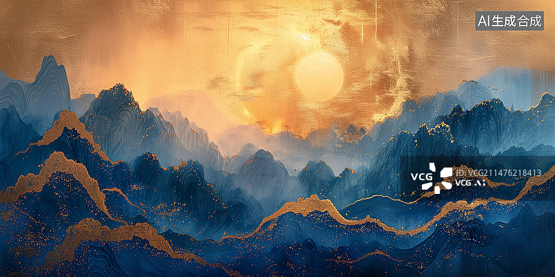 【AI数字艺术】手绘新中式抽象金色抽象山水画图片素材