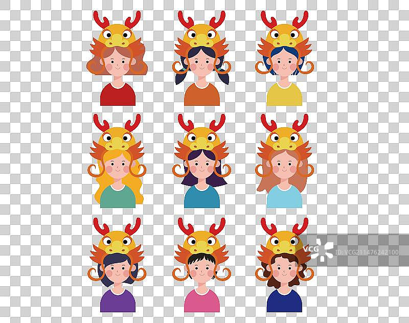 扁平风可爱女生头像不同发型龙年相框图片素材