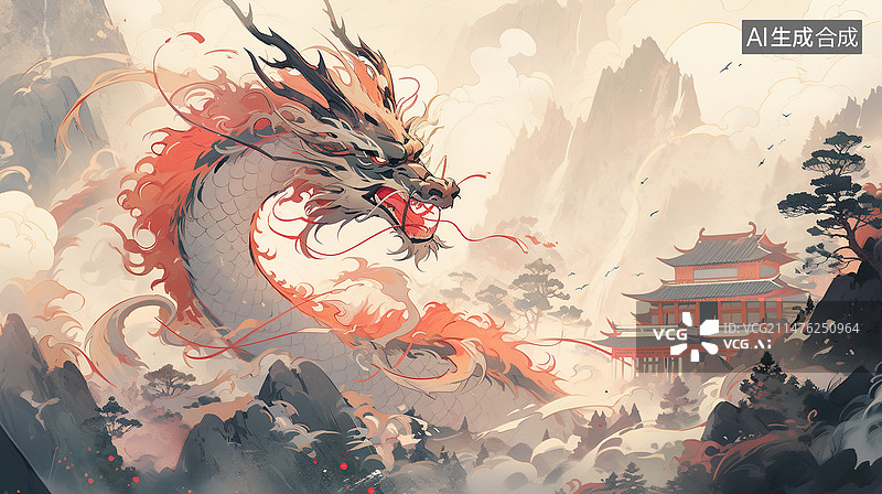 【AI数字艺术】龙翱翔于山水间图片素材