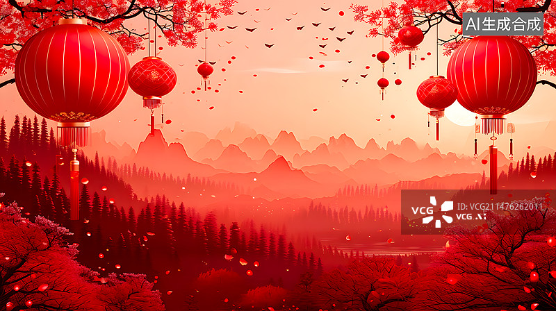 【AI数字艺术】灯笼群山梅花背景图片素材