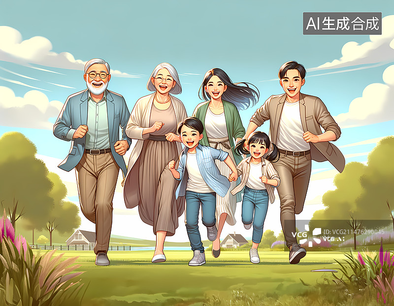 【AI数字艺术】一家六口开心幸福的在户外跑步的插画图片素材