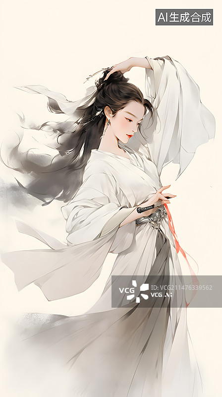 【AI数字艺术】白衣古代美女插画图片素材