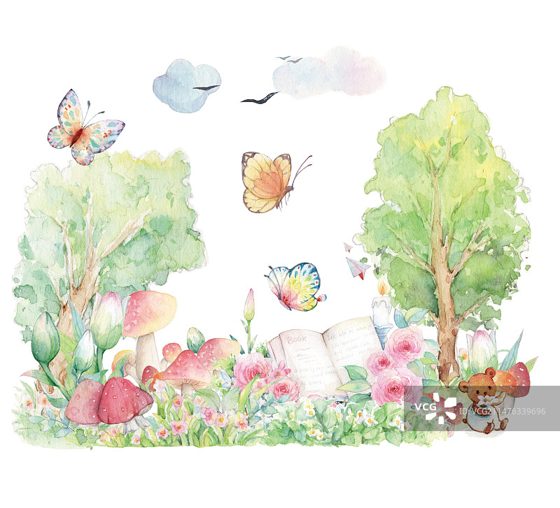 清新水彩手绘大自然森林环保乡村户外郊区田野美好的自然笔记读书交流角落儿童插画图片素材